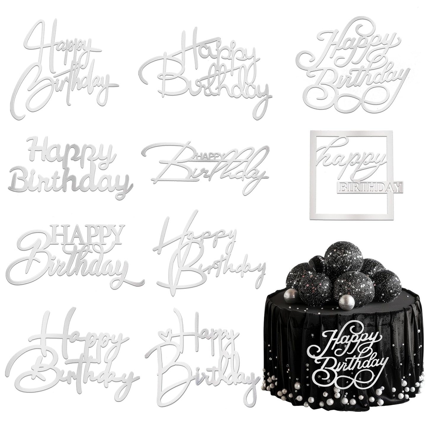 10Pcs Silver Acrylic Happy Birthday Cake Topper for Birthday Party Supplies