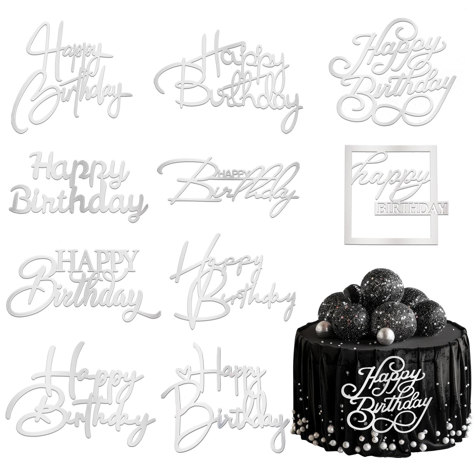 10Pcs Silver Acrylic Happy Birthday Cake Topper for Birthday Party Supplies