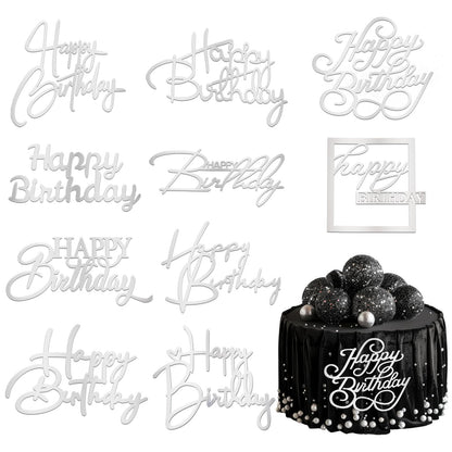 10Pcs Silver Acrylic Happy Birthday Cake Topper for Birthday Party Supplies