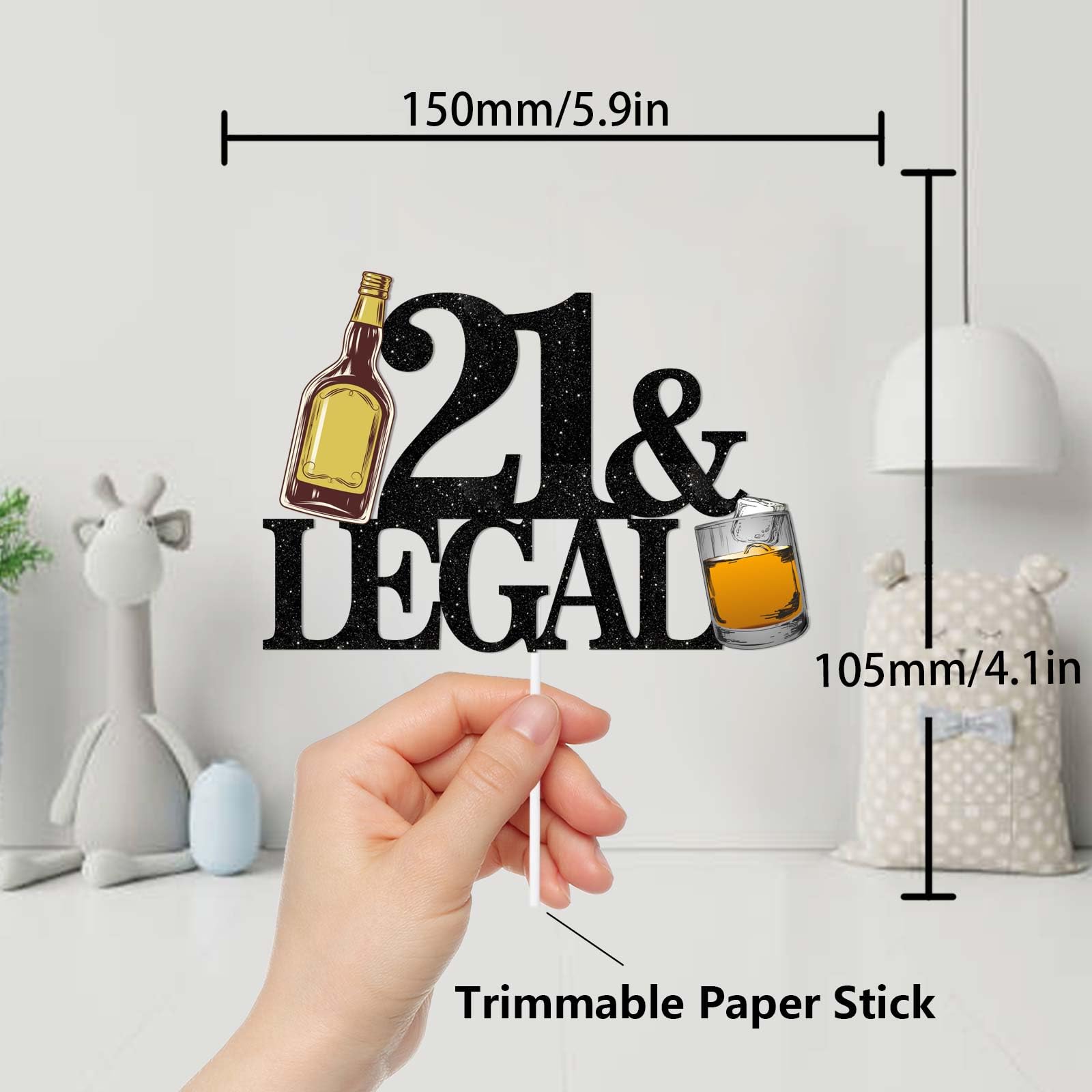 Black Glitter Whiskey Cake Topper Cheer to 21 Legal Theme Party Decoration Supplies Men Boys Happy 21st Birthday Party Decor Supplies