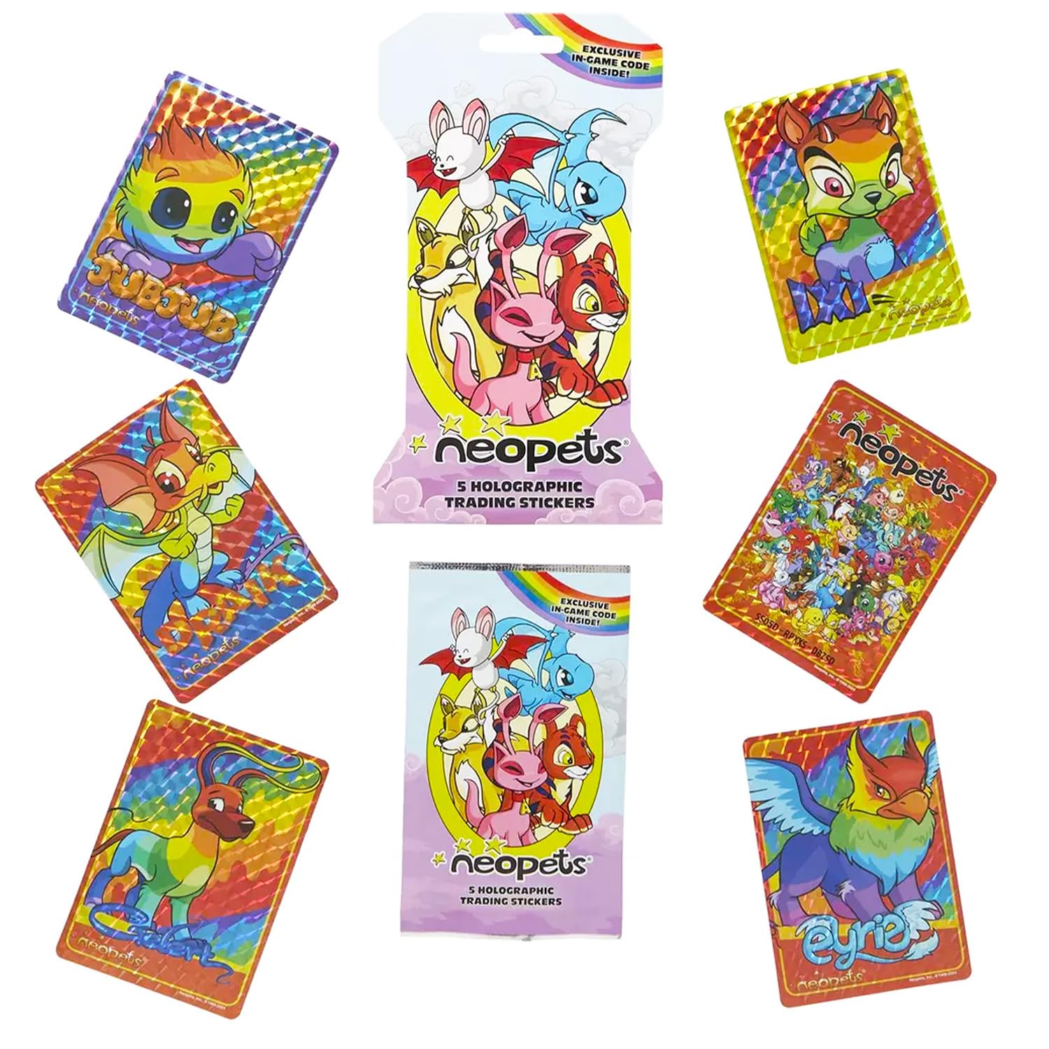 Neopets Holographic Sticker 3 Pack - Bundle with 3 Trading Card Blind Bags with in Game Codes Plus Stickers, More | Premium Collectible Neopets