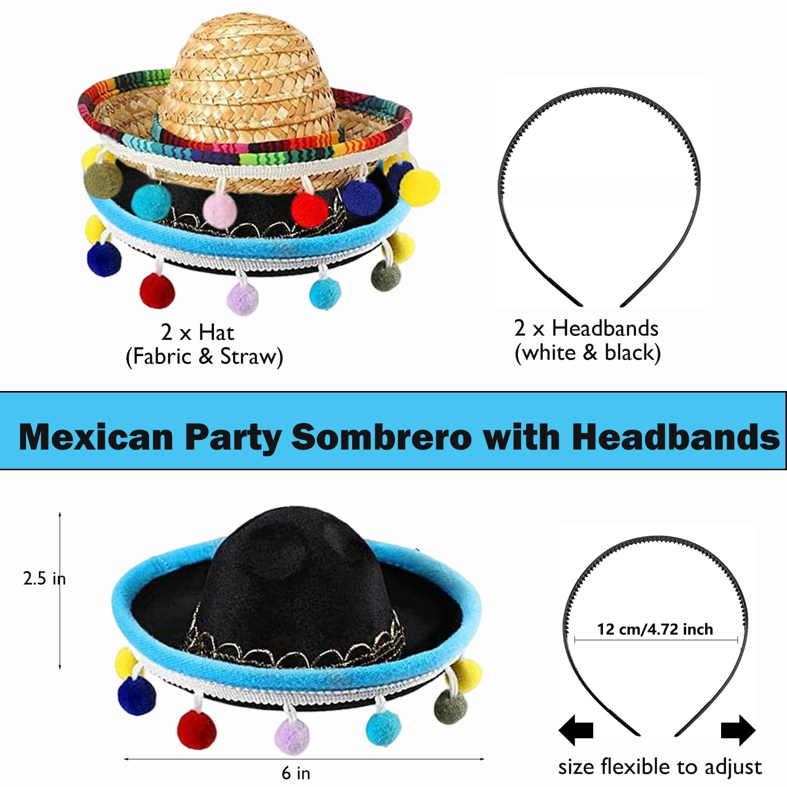 SEIHDHIK 2 PCS Mini Sombrero Headbands, Small Fabric Mexican Sombrero Hats,Straw Mexican Sombrero Hats with Ball Fringe for Mexican Themed Party