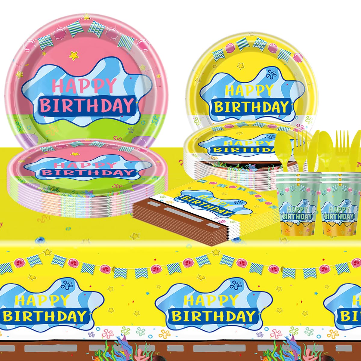 81pcs Yellow Cartoon Party Supplies Tableware Plates Napkins Cups Fork and Tablecloth?Yellow Theme Birthday Party Decoration