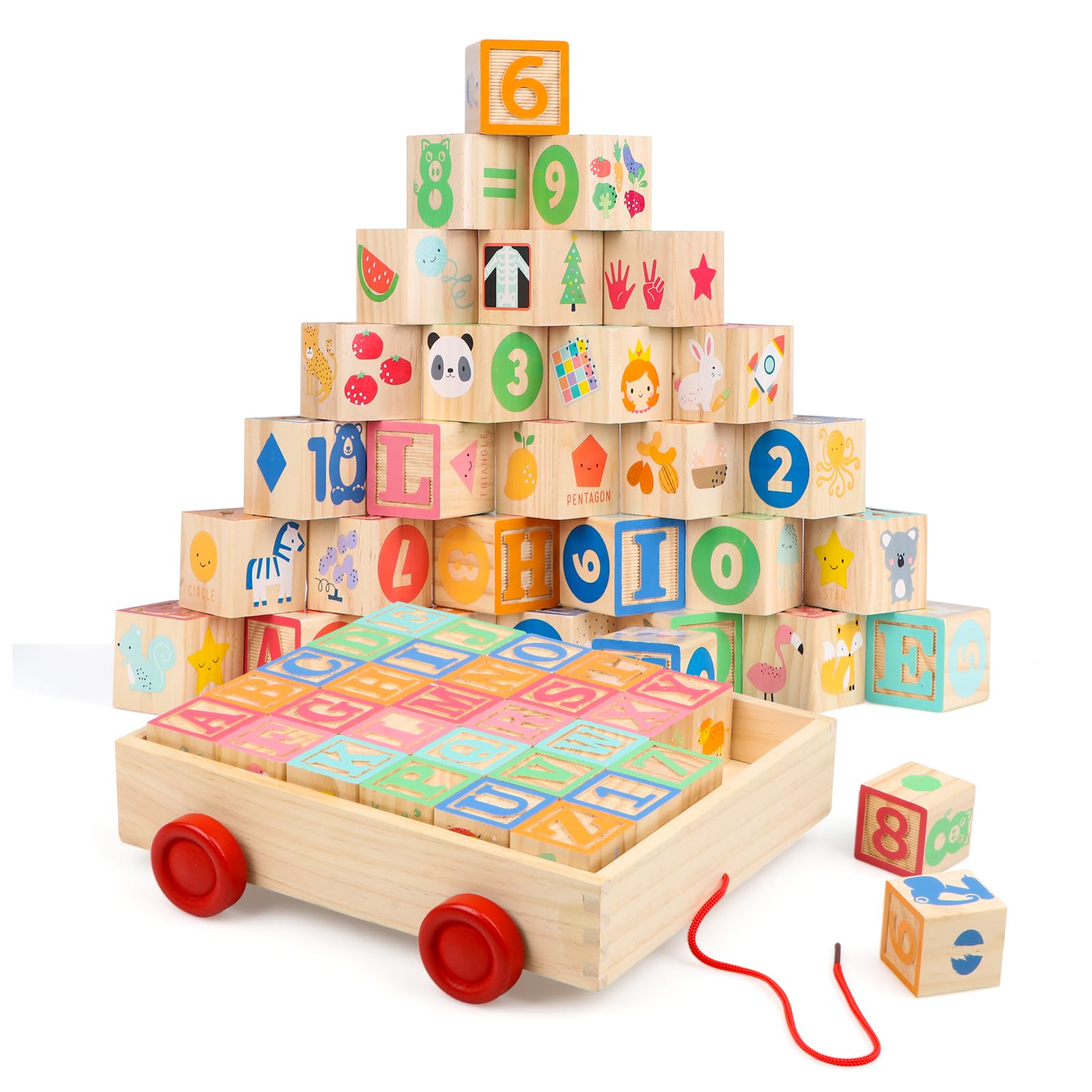 Joqutoys Wooden Building Blocks for Toddlers, Large Wood Baby Stacking Blocks Set for Kids, 30 PCS Alphabet Blocks with Toy Wagon, Educational Wooden