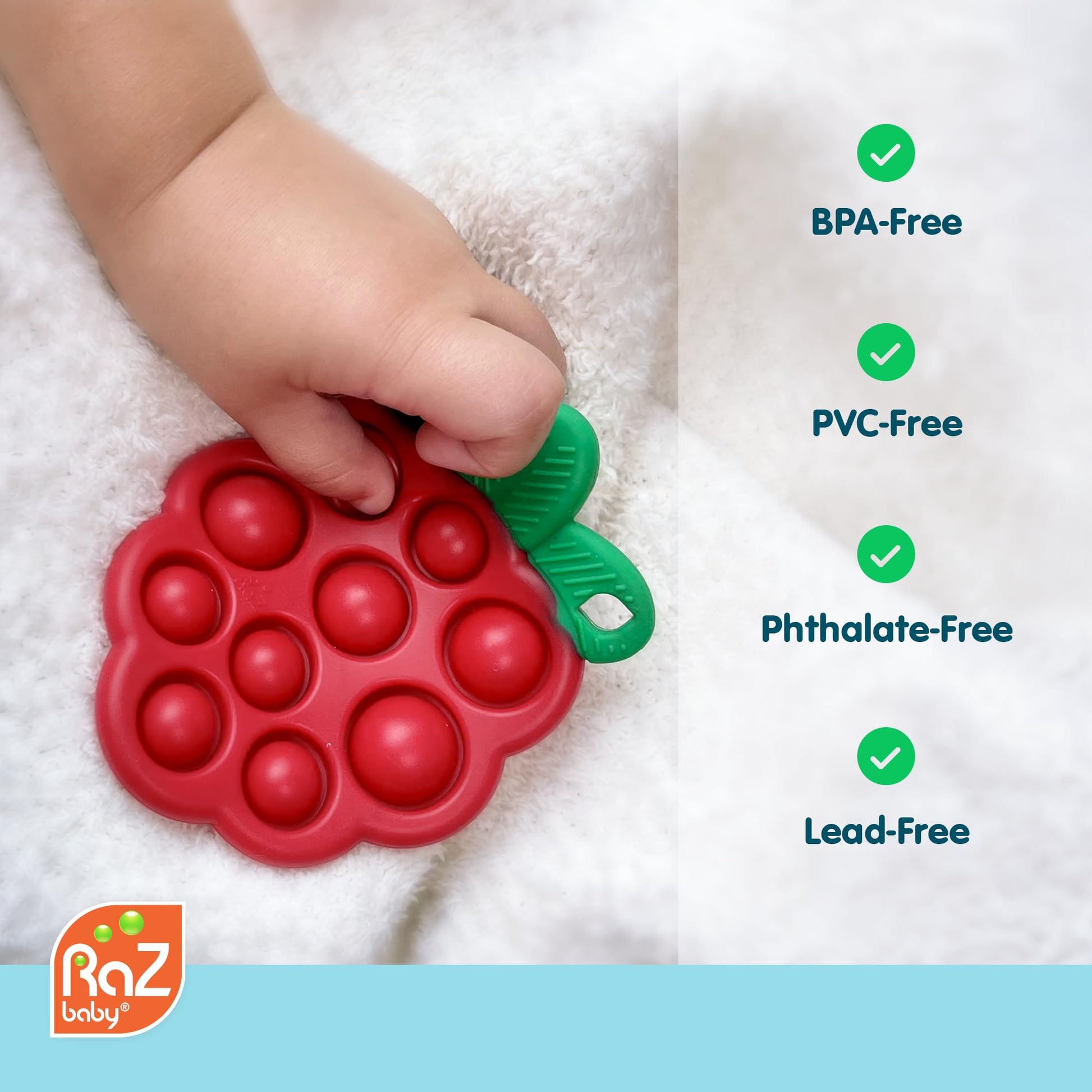 RaZbaby RaZberry Pop Strawberry Teether - Multi-Textured Silicone for Sensory Development & Teething Relief - Easy to Hold for Small Hands - Soft