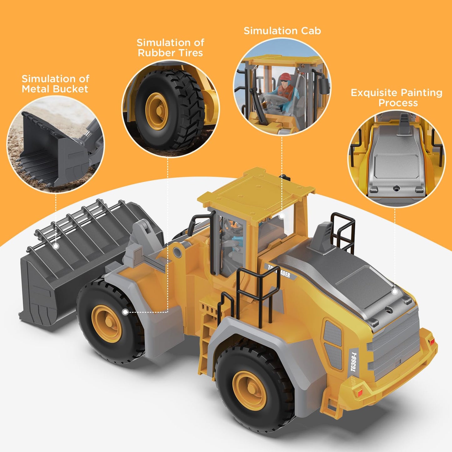 KIDMARKT Metal RC Wheel Loader Toy | 9-Channel Remote Control Construction Truck with Realistic Lights & Sounds, 1:20 Scale Rechargeable Vehicle