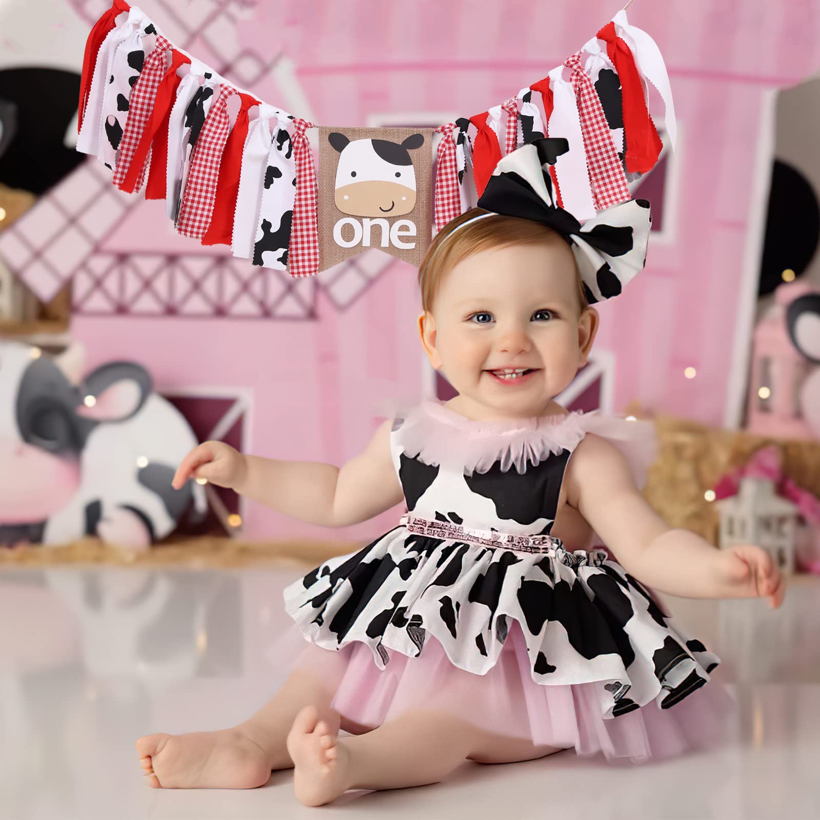 Farm Cow for First Birthday Highchair Banner - Boy or Girl High Chair One First 1st Barnyard Smash Cake Cow Western Fabric Picnic Decorations Cow