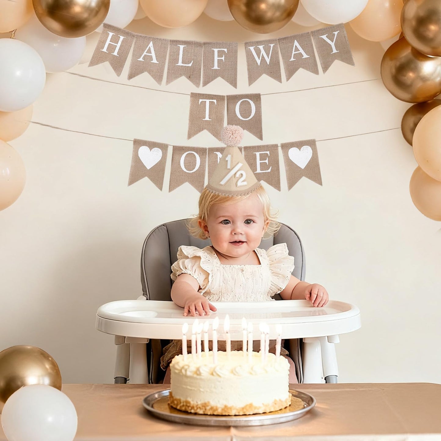 6 Months Beige Half Birthday Decorations With Half Way To One Banner And 1/2 Bir-thday Hat For Six Months Ha-Lf Year BD Decor-ations Boy Girls