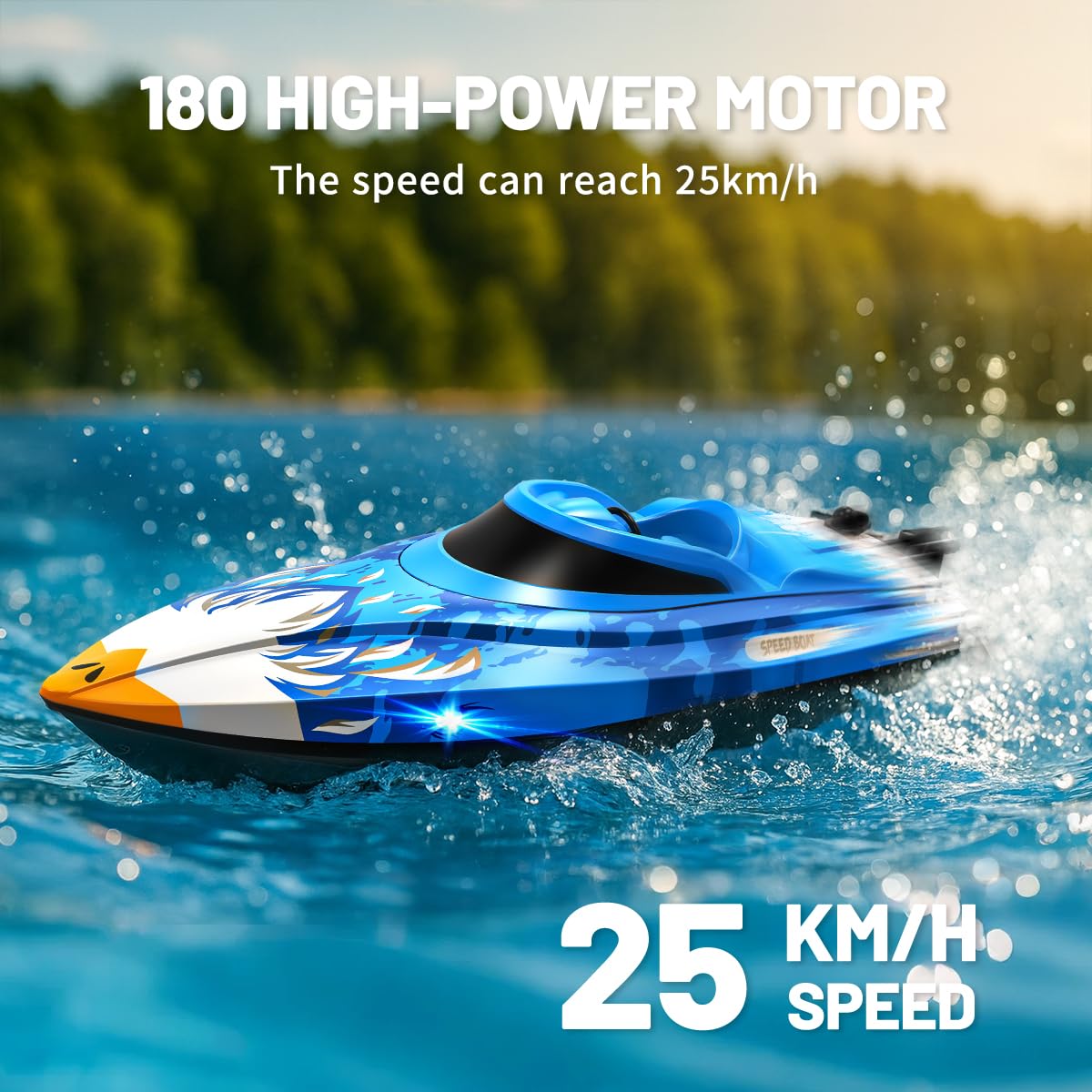 RC Boat 25KM/H High Speed Waterproof Remote Control Boat,Water Cooling, 2.4GHz Remote, 2 Batteries, LED Lights, One-Key Flip, Low Battery
