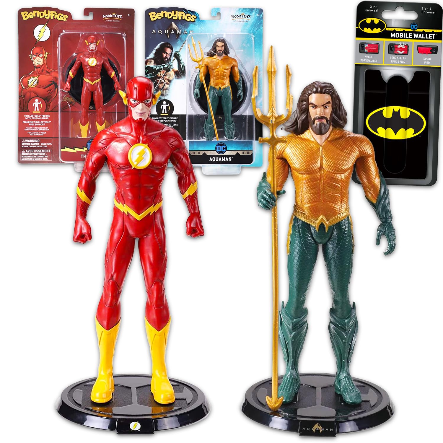 DC Comics Collectible Action Figures Set - Bundle with Flash and Aquaman Figurines Plus Batman Mobile Wallet | 7" Flash and Aquaman Bendy Figure Toys