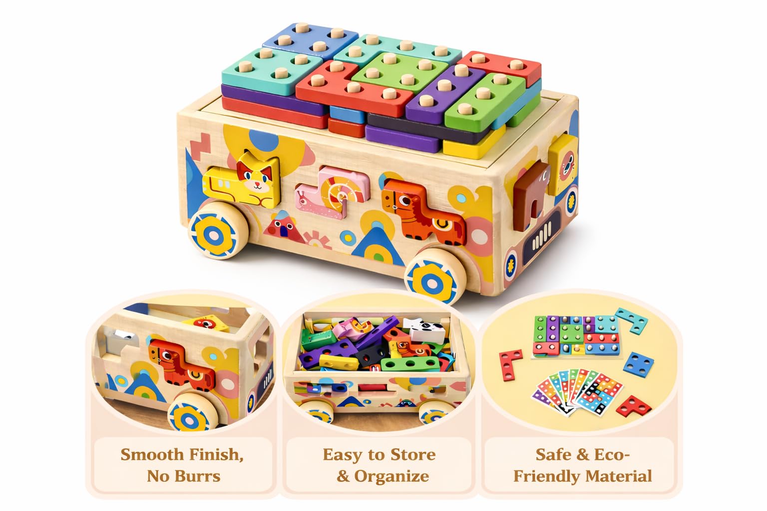 Wooden Montessori Toddler Toy Car Animal Shape Sorting & Peg Stacking Blocks Educational Learning Toy for Toddlers Ages 2-4 Fine Motor Skills
