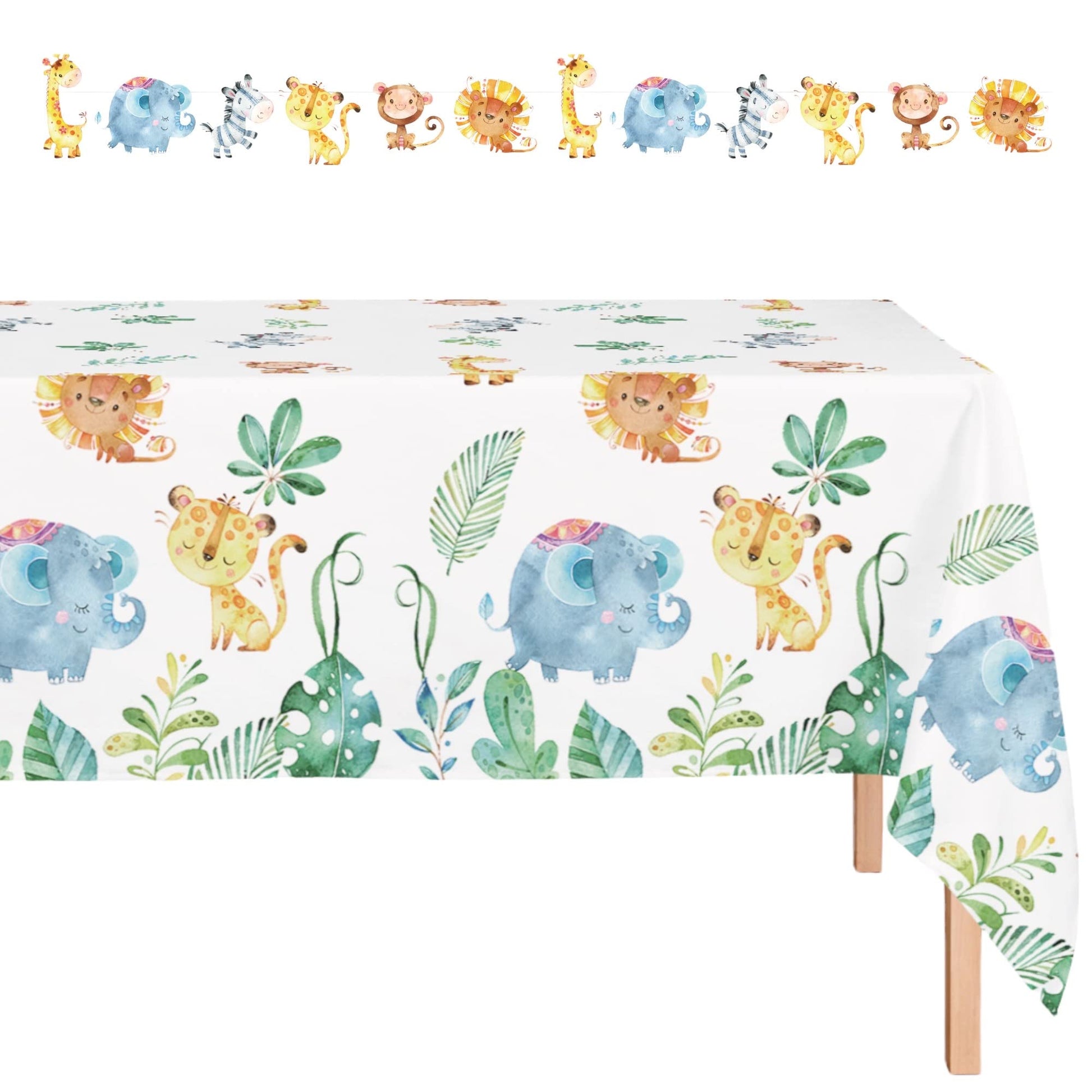 Oojami Jungle Safari Tablecloth Set with Banner - Baby Shower Party Supplies 54"x108" - Waterproof PE Material - Adorable Animal Print with Lions