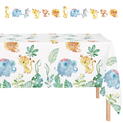 Oojami Jungle Safari Tablecloth Set with Banner - Baby Shower Party Supplies 54"x108" - Waterproof PE Material - Adorable Animal Print with Lions