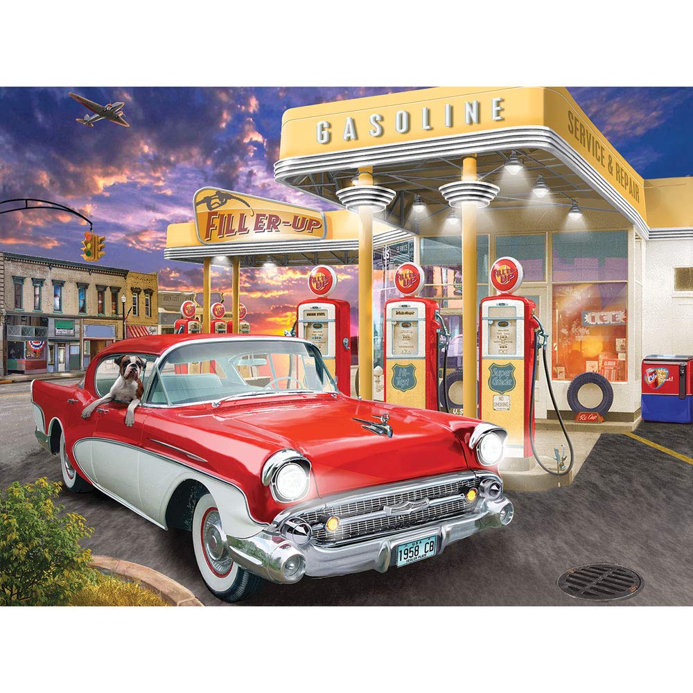 Bits and Pieces - 300 Piece Jigsaw Puzzle for Adults - Fill'er Up - Old Fashioned Gas Station Car Jigsaw Puzzle by Artist Bigelow Illustrations