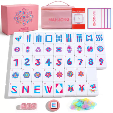 JOQQO American Mahjong Tile Set - 166 Pink Engraved Melamine Tiles 1.2 Inch - Easy Read Numbered Set with Bag, Dice, Chips, Rulebook & Reference Cards