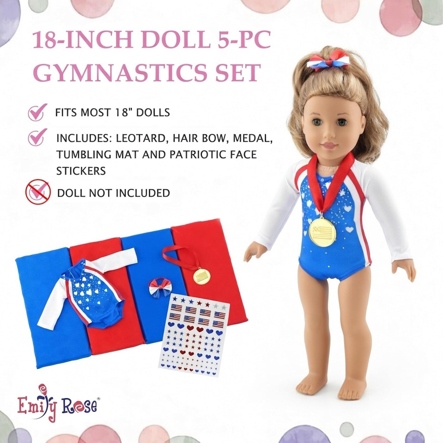 Emily Rose 18" Doll Gymnastics Outfit 5-Piece Set - Bejeweled Athletic Gymnast Leotard, Medal, Hair Bow, Mat, & Reuseable Stickers | American Girl