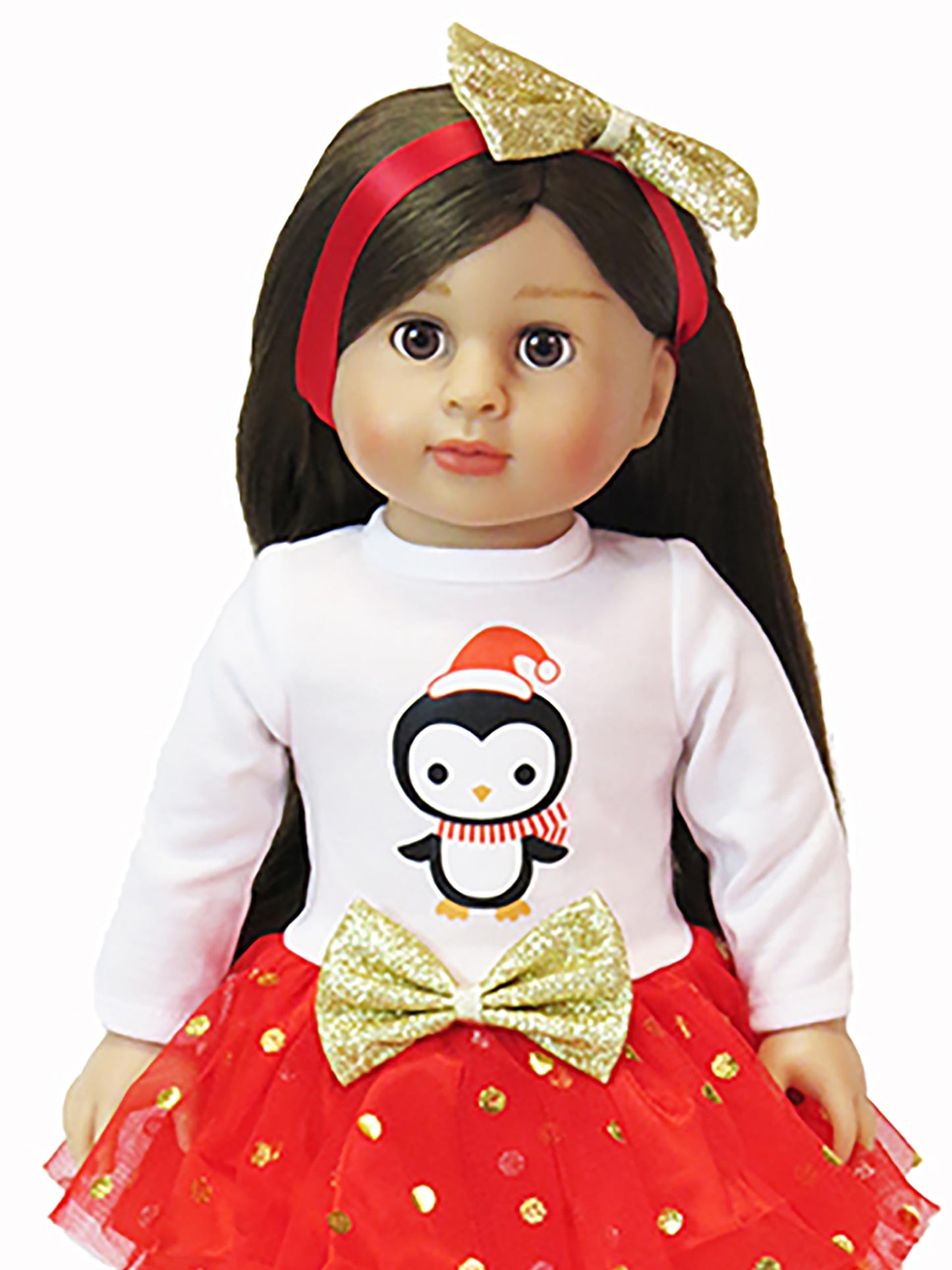 Red & Gold Penguin Long Sleeved Dress Outfit with Bow Headband for 18-Inch Dolls | Premium Quality & Trendy Design | Dolls Clothes