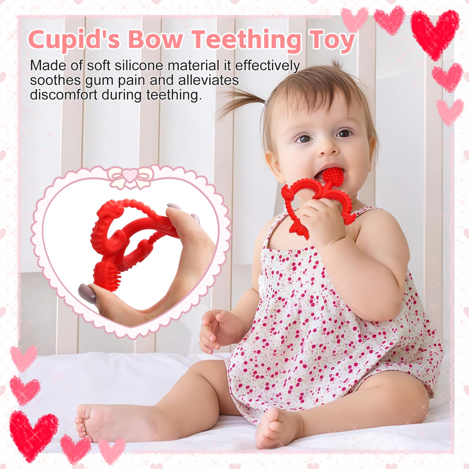 Valentines Heart Baby Teething Toys for Babies 0-36 Months, Easy for Little Hands to Hold,Cupid Bow and Arrow Soft Teether Toy, Surface texture