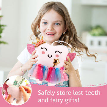 SQIMZAR Tooth Fairy Pillow,Tooth Fairy Plush Dolls for Girls with Pocket and Glittering Wings,Tooth Fairy Gifts Bag Pouch for Girls