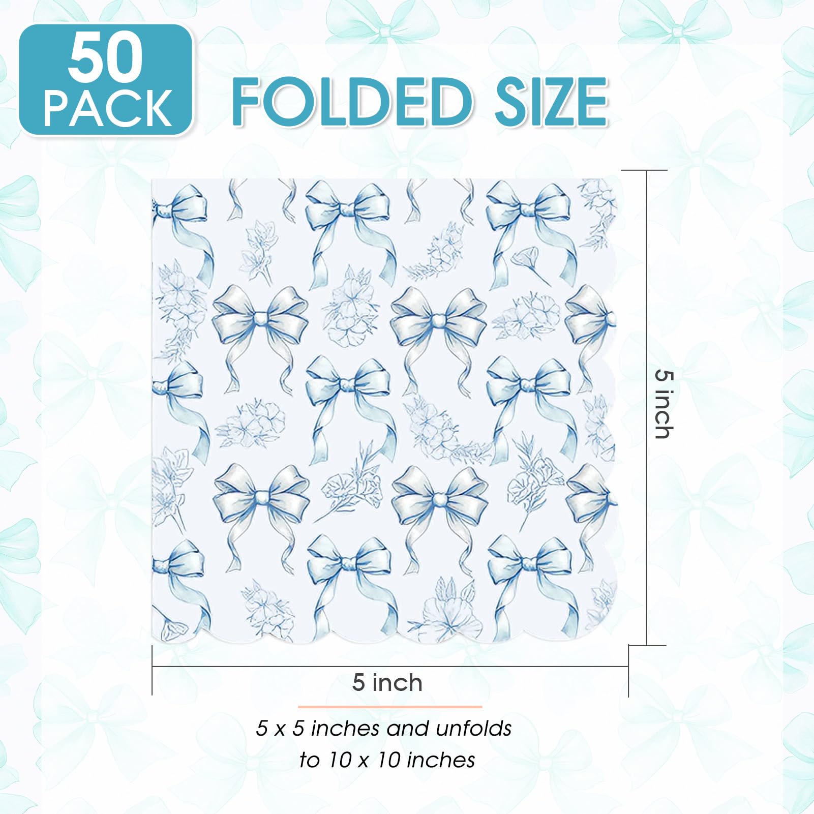 50PCS Blue Bow Napkins Scalloped Disposable Paper Coquette Bow Cocktail Napkins for Girls Birthday, Baby Shower, Bridal Shower, Wedding,Bachelorette