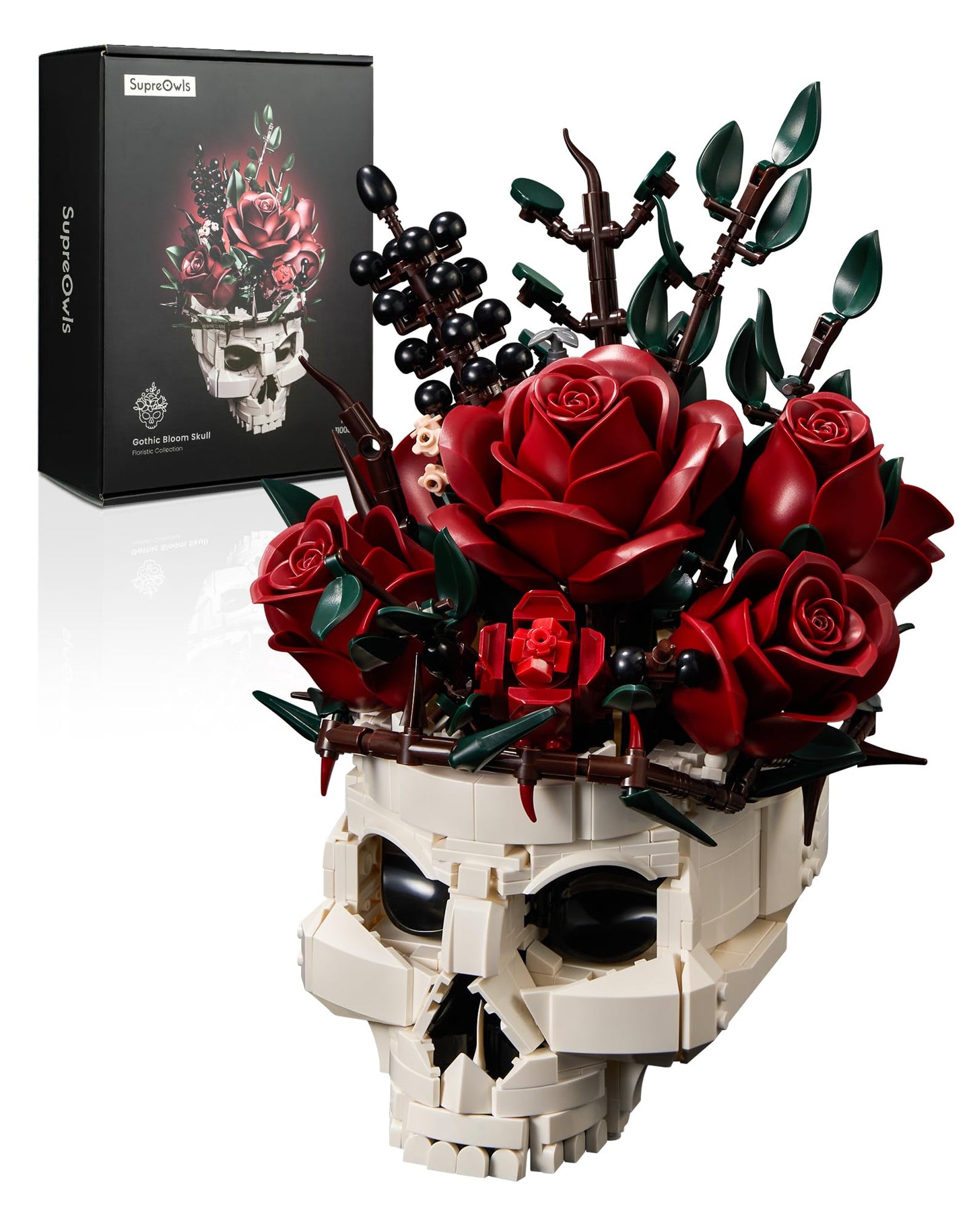 Gothic Skull Rose Flower Bouquet Building Set - Horror Skeleton Botanical Brick Kit for Adults, Gothic Decor with Red Roses, Dark Aesthetic Skull