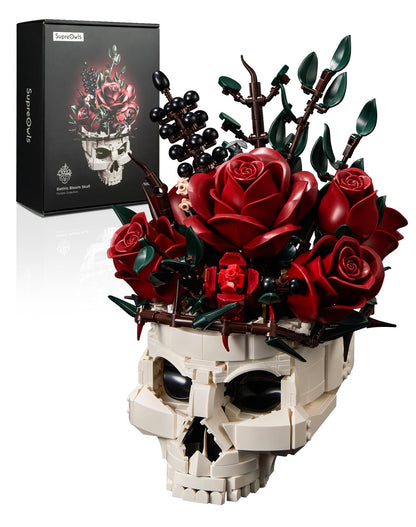 Gothic Skull Rose Flower Bouquet Building Set - Horror Skeleton Botanical Brick Kit for Adults, Gothic Decor with Red Roses, Dark Aesthetic Skull