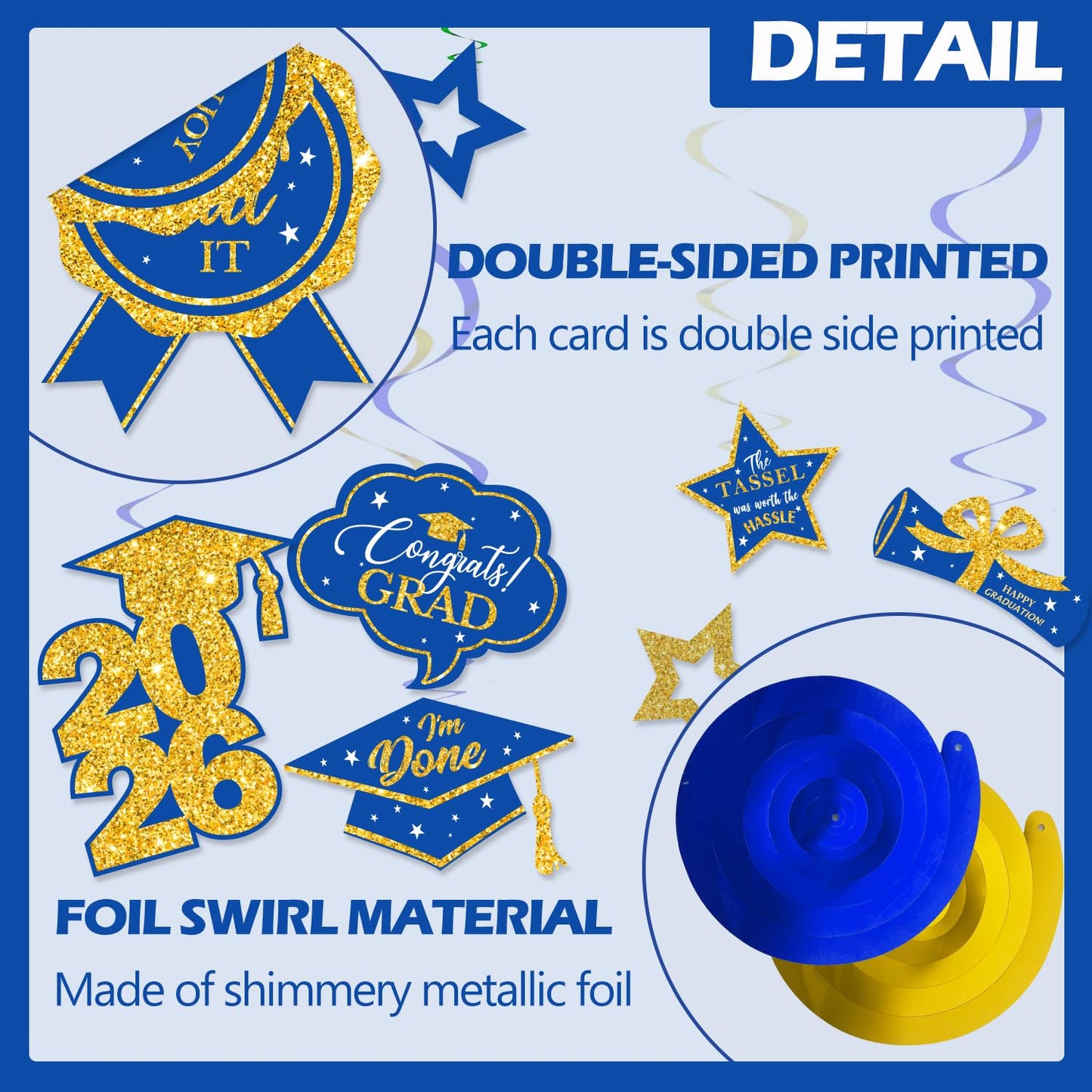 16 PCS Blue and Gold Graduation Decorations Class of 2026, Graduation Hanging Swirls Blue and Gold Congrats Grad Hanging Swirl for Grad Party Supplies