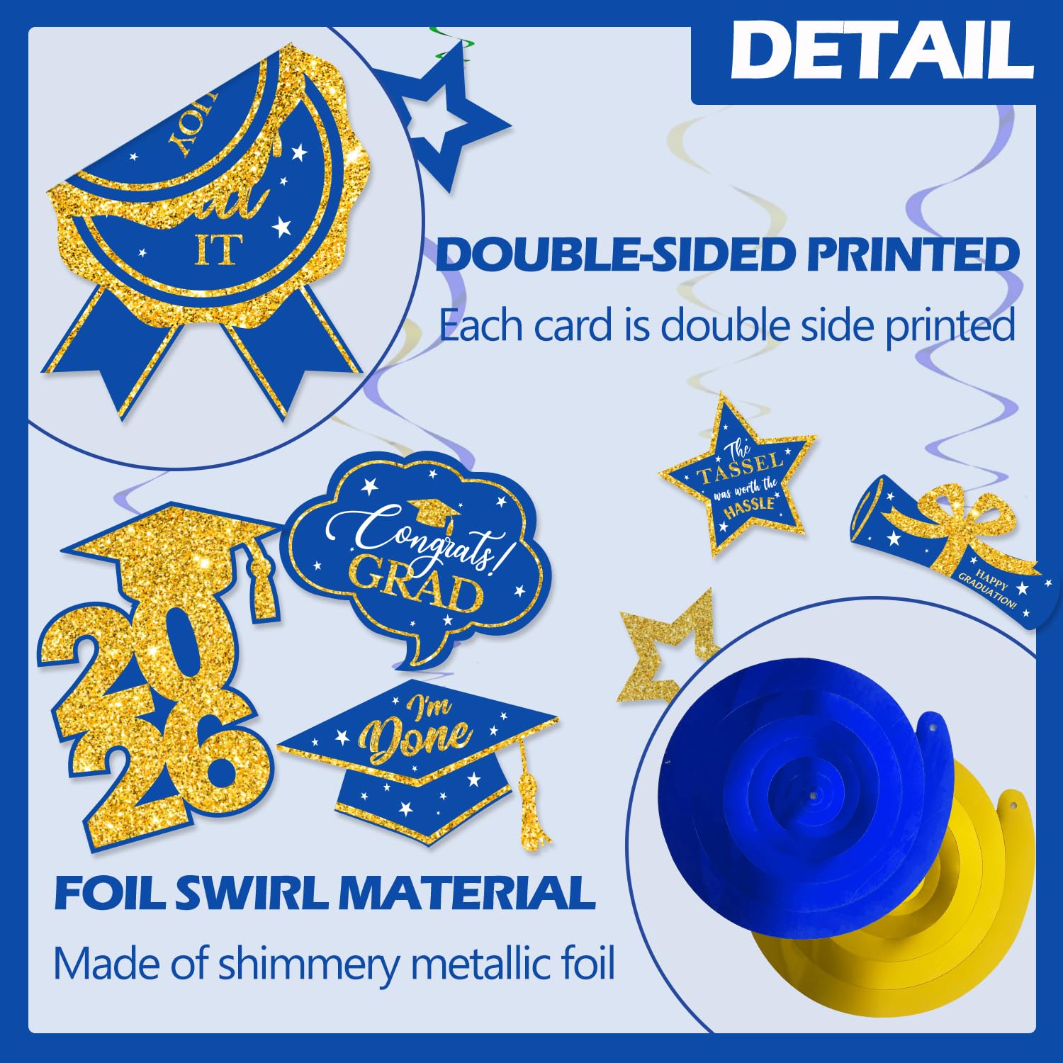 16 PCS Blue and Gold Graduation Decorations Class of 2026, Graduation Hanging Swirls Blue and Gold Congrats Grad Hanging Swirl for Grad Party Supplies