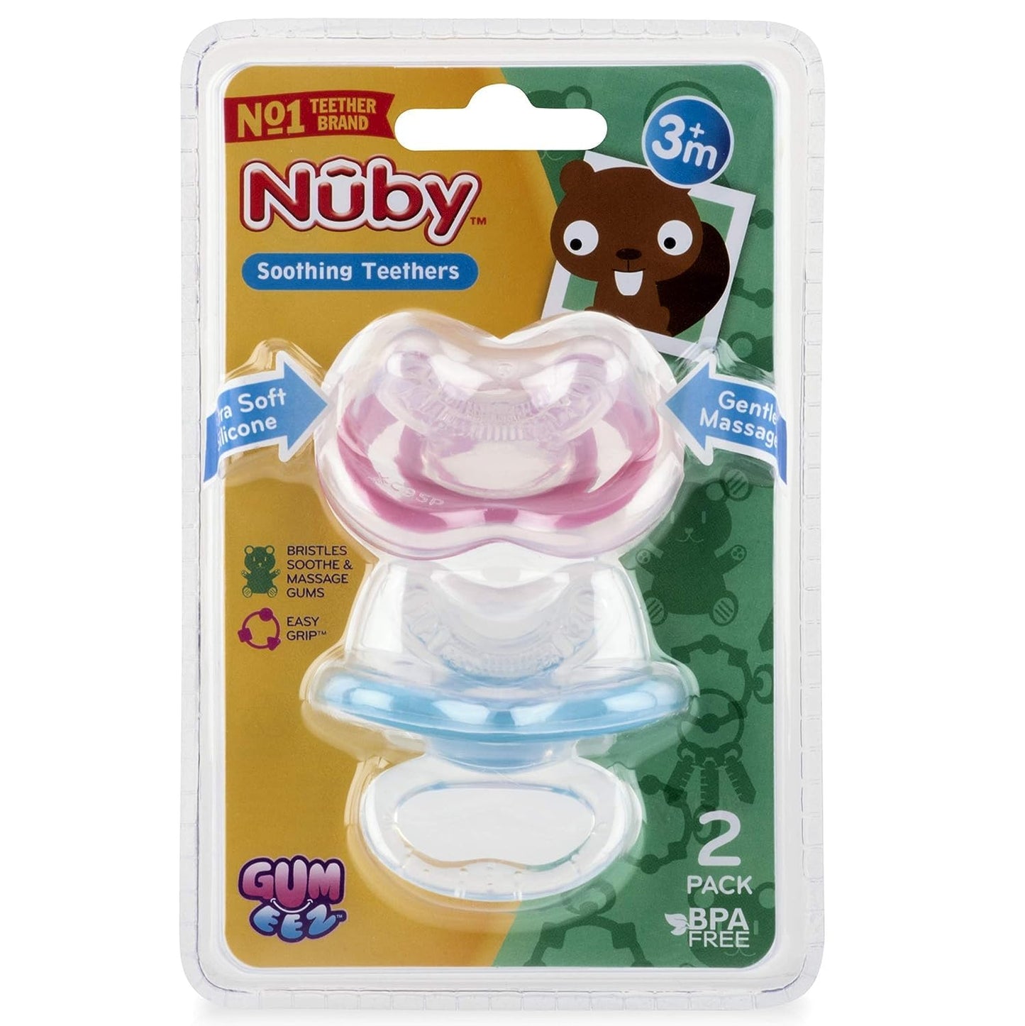 Nuby Gum-EEZ Baby Teethers - 2 Pack - Soothing Bristles, Easy Grip Handle & Hygienic Cover - Silicone Teethers for Babies - 3+ Months - Neutral - 100%
