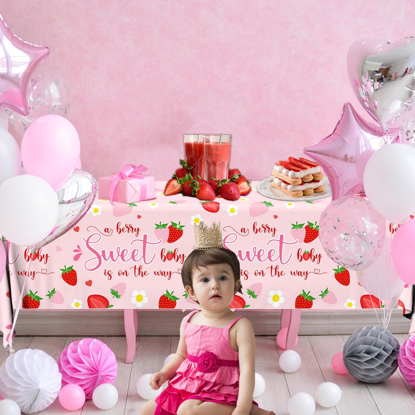 Strawberry Baby Shower Decorations Tablecloth, 3Pcs A Berry Sweet Baby is on The Way Decorations Strawberry Tablecloth, Sweet Baby Table Cover