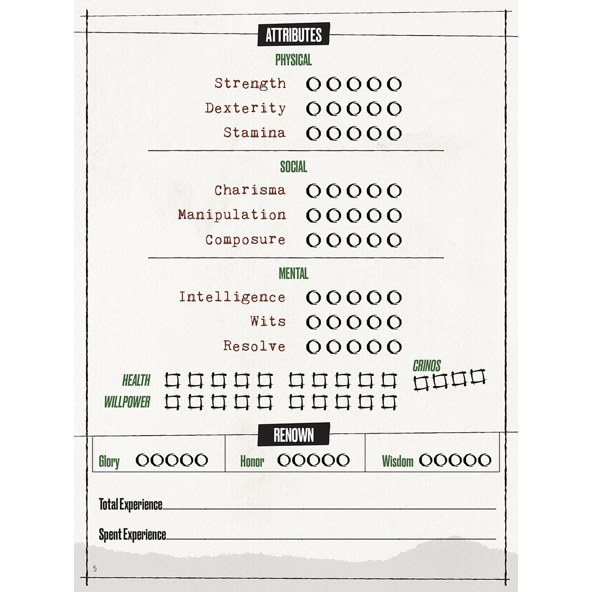 Renegade Game Studios Werewolf The Apocalypse 5th Edition Expanded Character Sheet Journal RPG