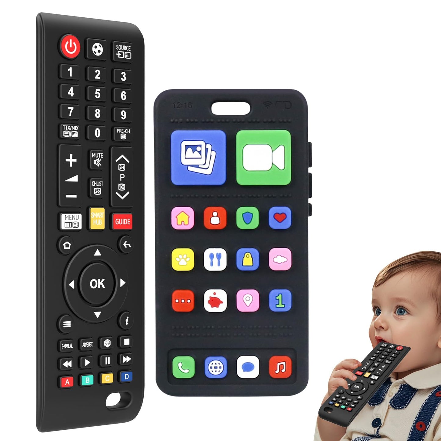 SLUQQHDU Baby Silicone Teething Toys for Babies 0-6 Months,Phone and Remote Teether Toys for Toddlers 6-12 Months,2 Pack Teether Toys Sensory Toys