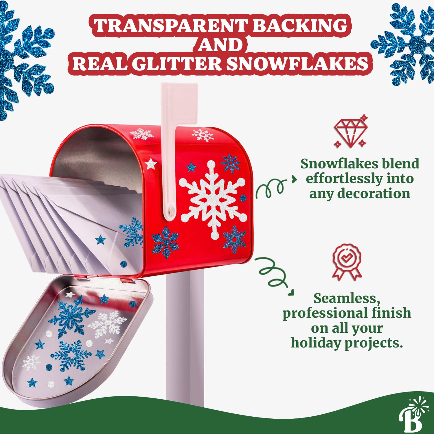 Snowflake Stickers Large Real Glitter for Christmas Envelopes and Crafts - Blue, White, Silver - Happy Holiday Cards