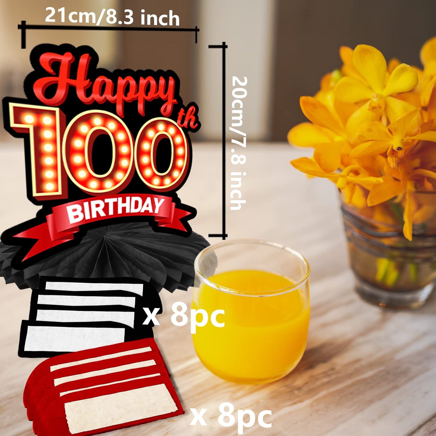 Happy 100th Birthday Red and Black Table Honeycomb Centerpieces Balloons Theme Decor Table Decorations Table Toppers for Girls Women Princess 100
