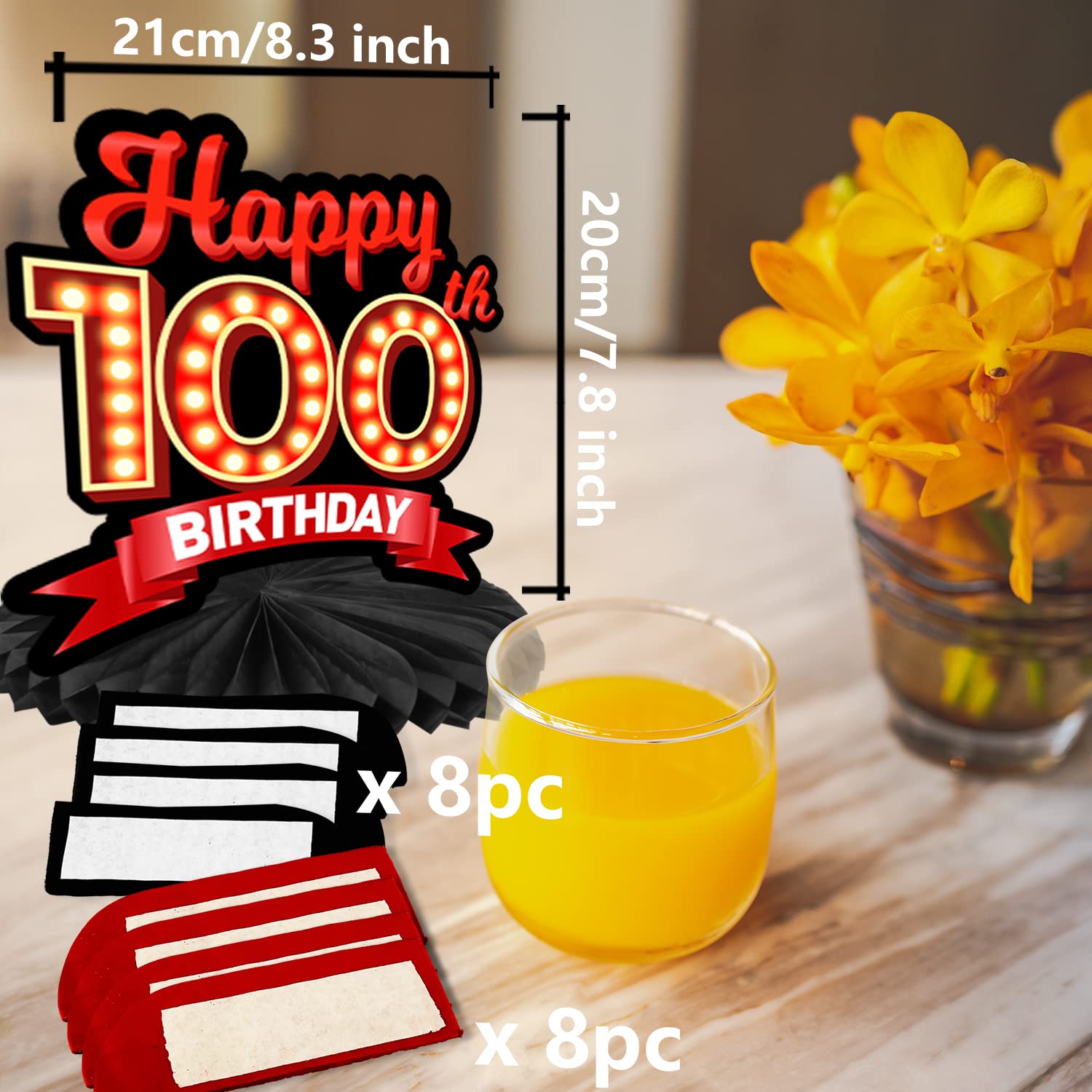 Happy 100th Birthday Red and Black Table Honeycomb Centerpieces Balloons Theme Decor Table Decorations Table Toppers for Girls Women Princess 100