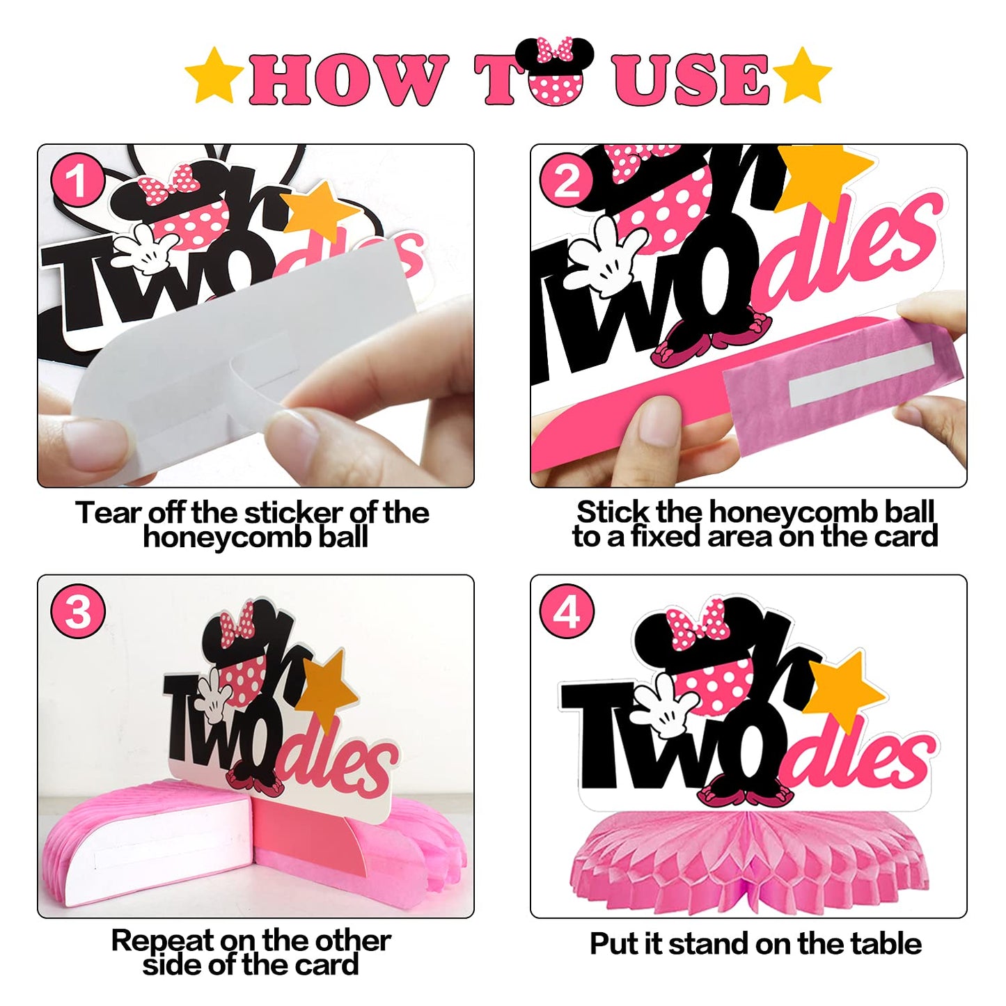 LINGTEER Oh Twodles Birthday Table Honeycomb Centerpieces - Cheers to Girls 2nd Birthday Kids Two Years Old Mouse Themed Party Decorations Sign.