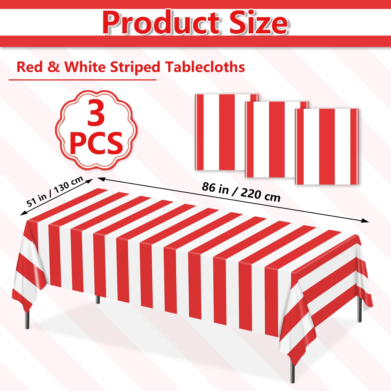 BASHLY 3-Pack Red and White Striped Tablecloths - 86x51 Inch Carnival Table Covers Plastic Disposable Tablecloth for Circus Theme Party, Birthday