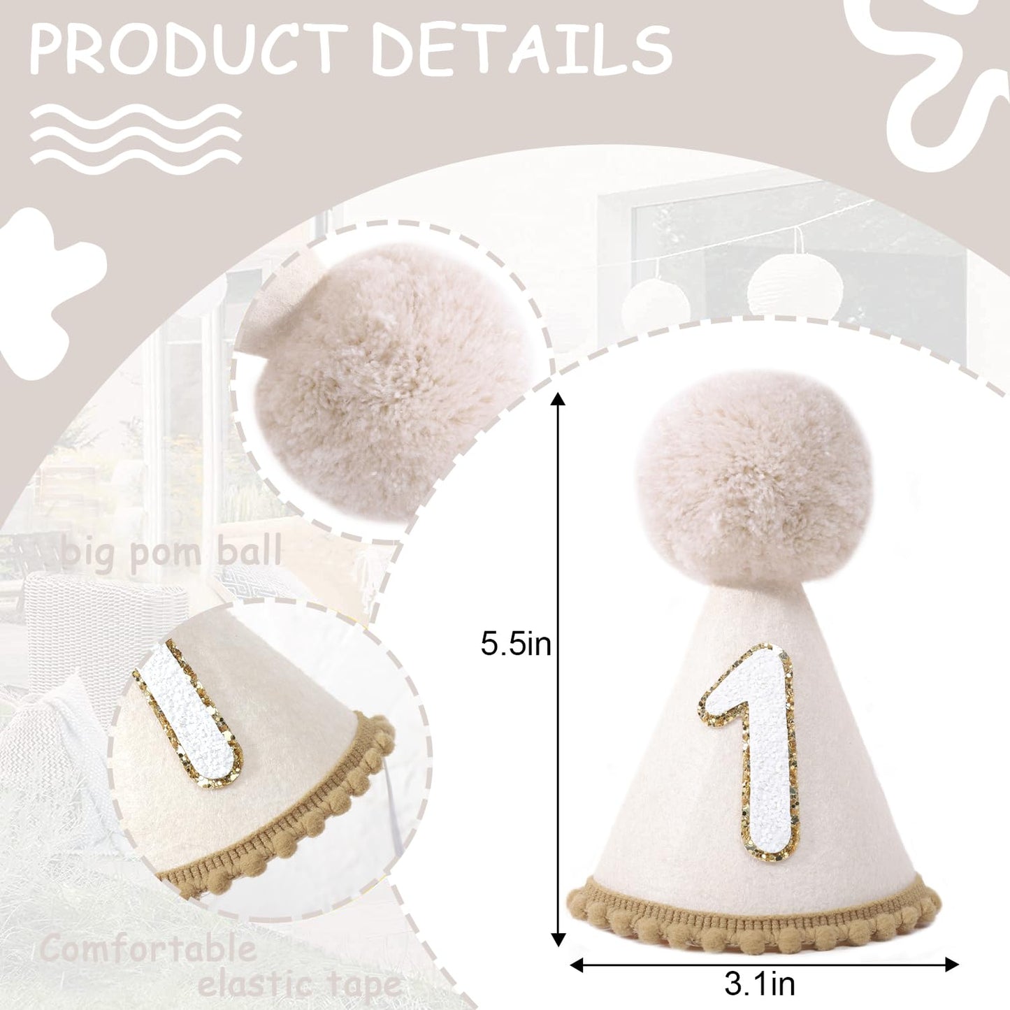 MAMUXI Linen 1st Birthday Hat for Boys, Beige Felt Party Decorations