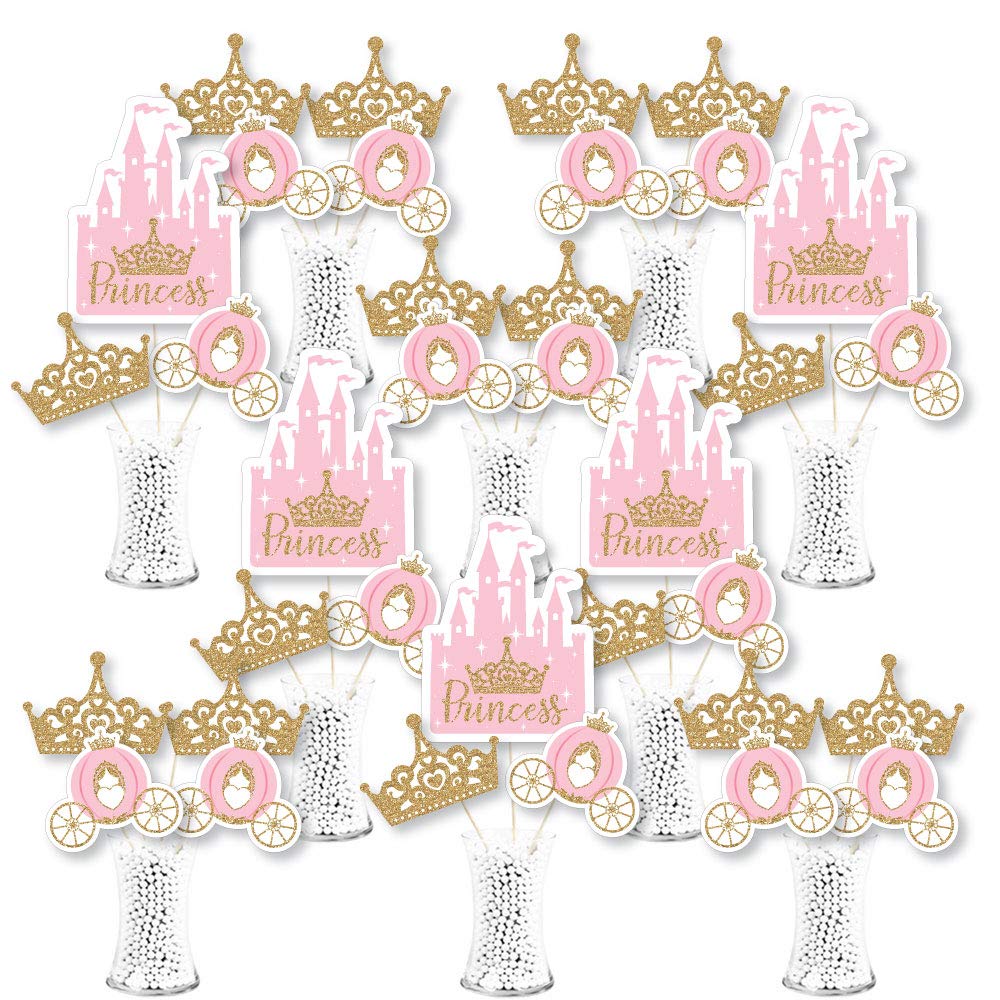 Big Dot of Happiness Little Princess Crown - Pink and Gold Princess Baby Shower or Birthday Party Centerpiece Sticks - Showstopper Table Toppers - 35