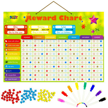 Magnetic Reward Behavior Star Chore Chart for One or Multiple Kids, Includes 8 Markers + 60 Foam Backing Illustrated Chores + 300 Stars in Red