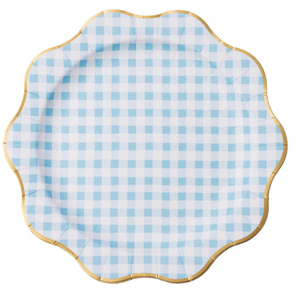 Bonjour Fête Elegant Light Blue Gingham Paper Party Dinner Plates | Large Disposable Size for Baby Showers, Spring Parties & Birthday Celebrations |