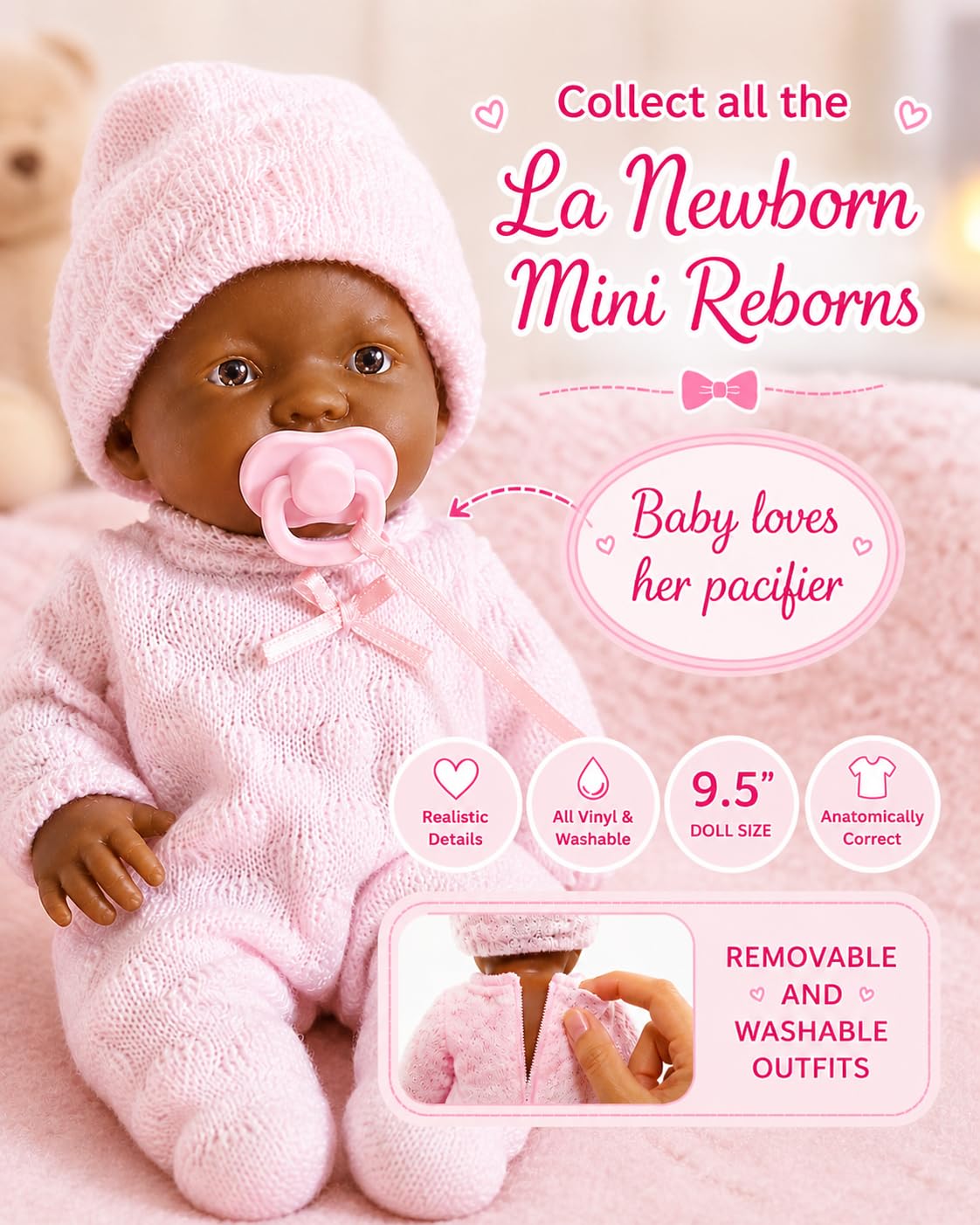 JC Toys Mini La Newborn African American | Anatomically Correct Real Girl Baby Doll | 9.5" All-Vinyl | Includes Pink Outfit, Hat and Pacifier |