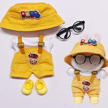 Compatible with Labubu - Casual Outfit Set for Collectible Figures - Yellow Overalls with Bucket Hat, Sunglasses & Boots - Fits Gen 1, 2, 3 (Black