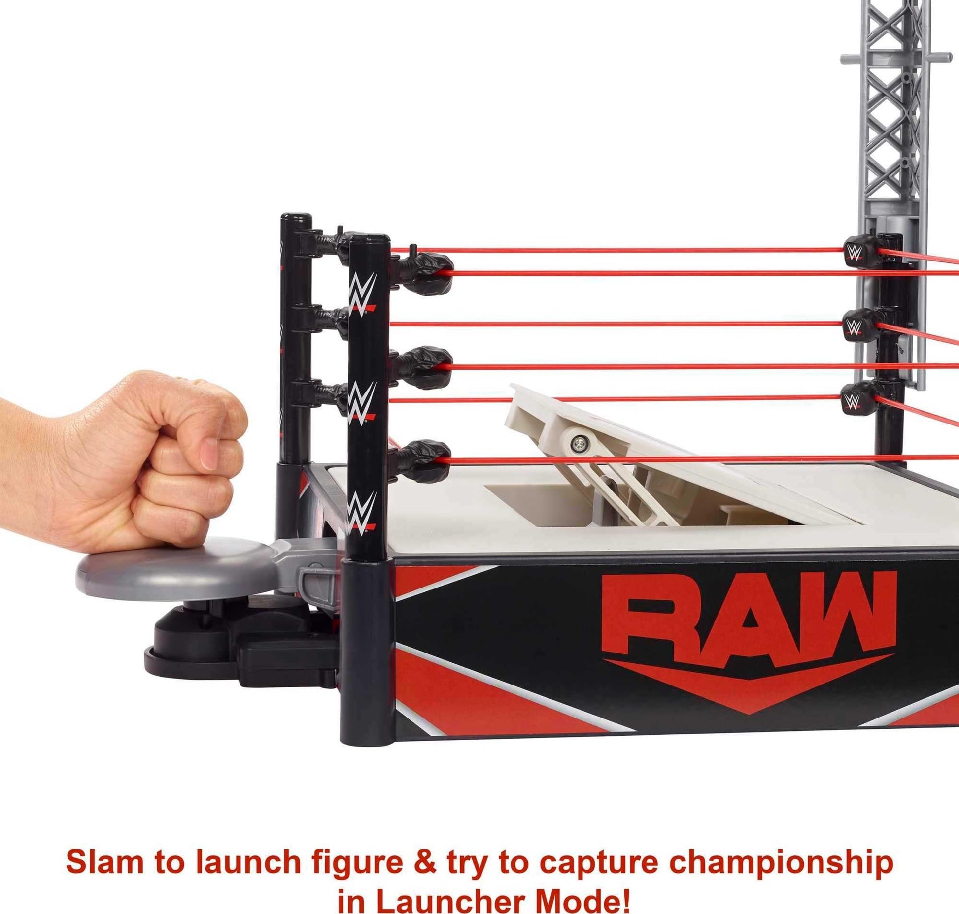 Mattel WWE Wrekkin Kickout Ring Playset 13-in x 20-in & 2 Modes: Randomized Pin Count Ref & Springboard Launcher, Includes Crane, WWE Championship