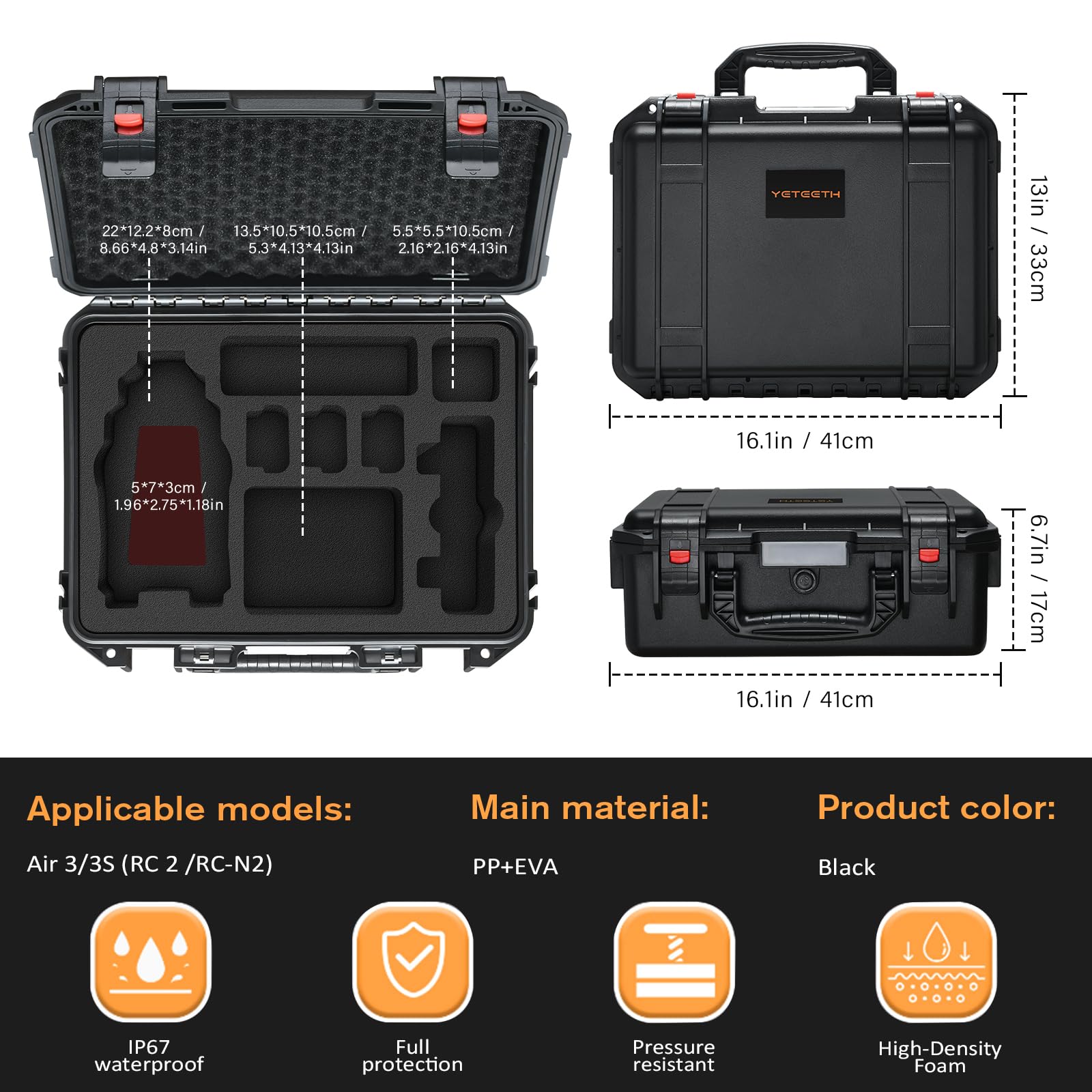 Hard Case for DJI Air 3S/Air 3 - Waterproof Carrying Cases, Portable Storage Bag Fits for DJI Fly More Combo, RC 2/RC-N2/RC-N3 Controller, Batteries
