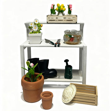 Miniature Scene Building 1:12 Scale Garden Potting Bench Set with Tools, Flowers, Pots and Fish Bowl (Potting Bench)