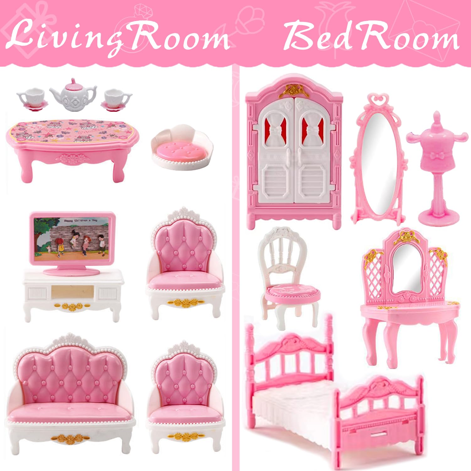 75 Pcs Dollhouse Furniture Set Accessories,Small Dollhouse Miniature Pretend Play Family Toys Gift,Toddler Boy Girl Kid 3Y+ Mini