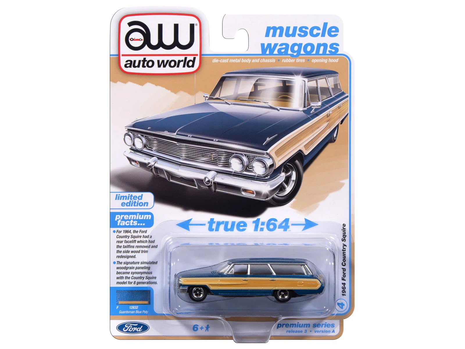 1964 Country Squire Guardsman Blue Metallic with Woodgrain Sides Muscle Wagons Series 1/64 Diecast Model Car by Auto World 64522-AWSP205A