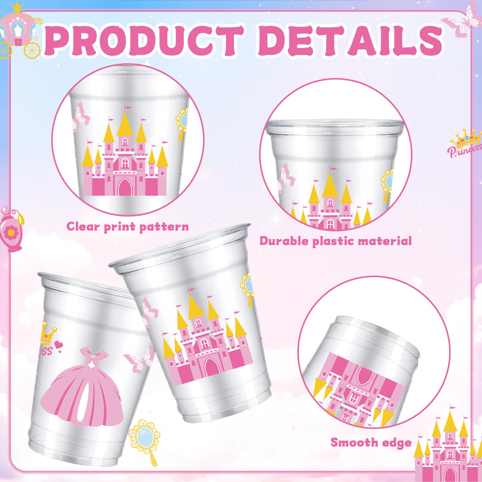 VDESFUEBY 40Pcs Pink Princess Castle Disposable Plastic Cups 12oz Pink Party Cups Disposable Transparent Princess for Princes Themed Birthday Party