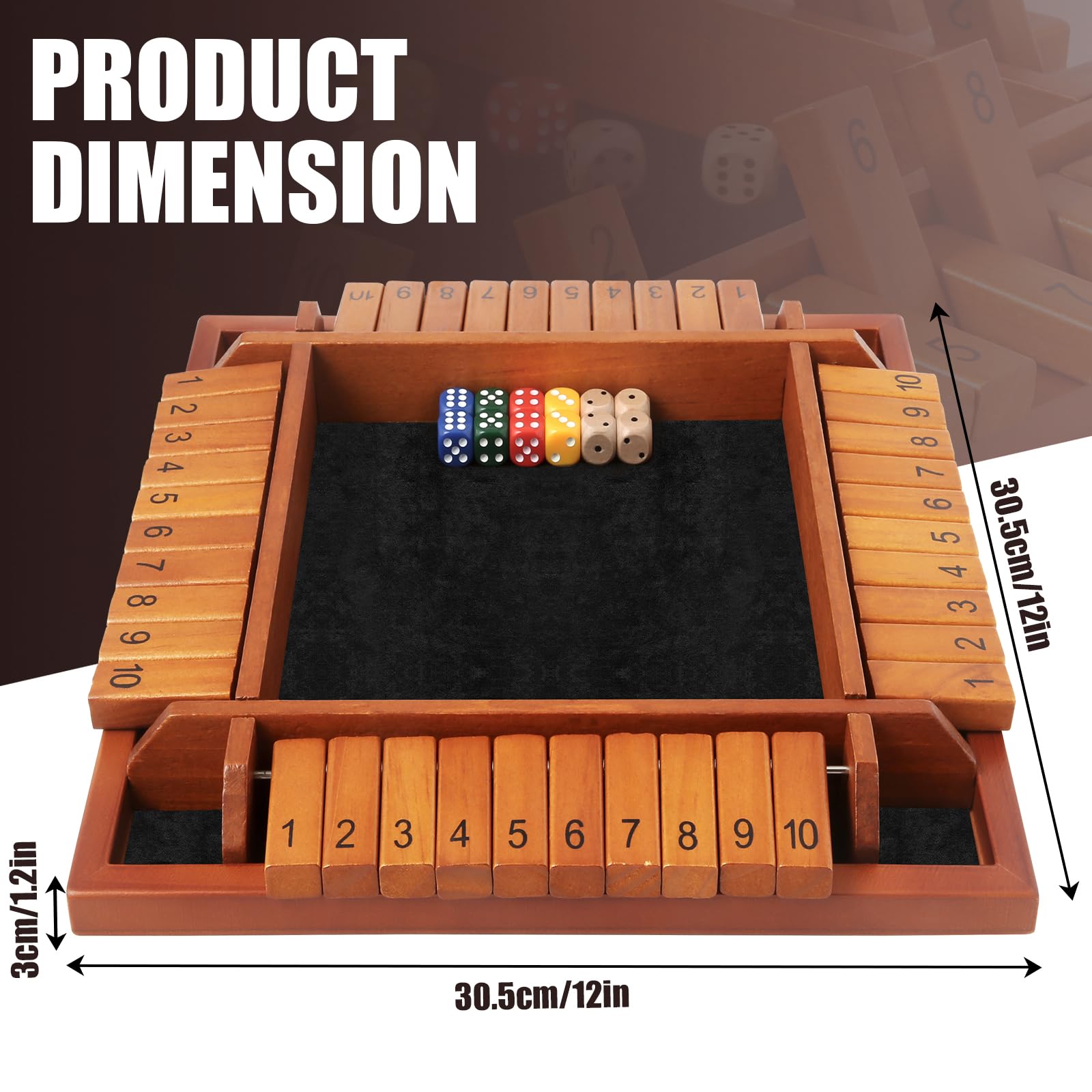 Toidgy 4 Players Shut The Box Dice Games, Wooden Board Table Math Game with 12 Dice and Instructions, Classics Close The Box Board Game for Adults